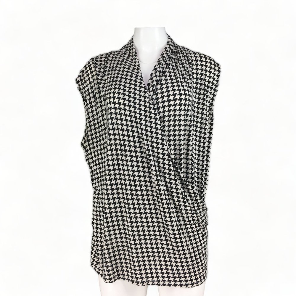 Lauren Ralph Lauren Top Sleeveless V Neck Crossover  Black White Houndstooth 3X